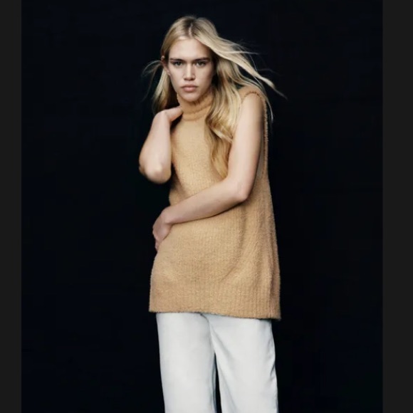 Zara Chenille Back Open Knit Sweater Vest High Neck Mustard. Size Small. - Picture 4 of 12